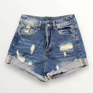 Shein Women’s Denim Shorts Distressed High Waisted Blue Small
